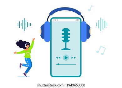 Music in smartphone Mobile technology for dancing party vector illustration Music applications Playlist online songs Smartphone music for happy young dancing girl character