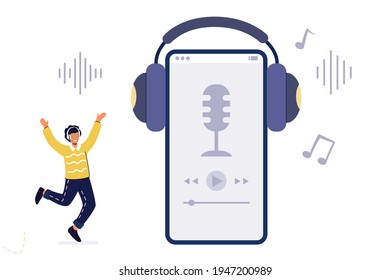 Music in smartphone Mobile technology for dancing party vector illustration Music applications Playlist online songs Smartphone music for happy young dancing boy character