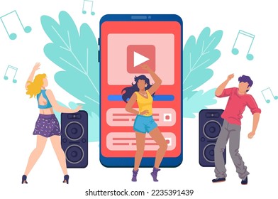 Music in smartphone, mobile technology for dancing party vector illustration. Young people listen and dance with musical stream.