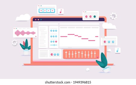 Software de música en pantalla de computadora - Portátil con elementos de estación de trabajo de audio digital en un vector 3d editable. Concepto de creación de música electrónica.