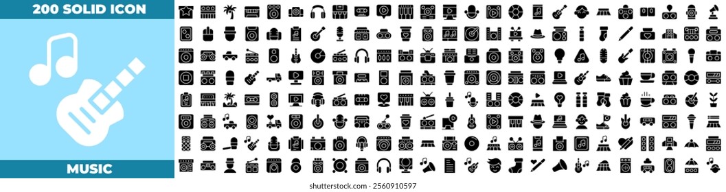 Music Solid Editable Icons set. Vector illustration in modern thin solid style of music icons: Guitar, play, music note, sound, headphones, mic, etc