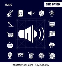 Music Solid Glyph Icons Set For Infographics, Mobile UX/UI Kit And Print Design. Include: Music, Play, File, Data, Music, Play, Setting, Gear, Icon Set - Vector