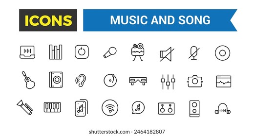 Music and song icon set, vector, thin line icons collection. Editable vector icon and illustration.