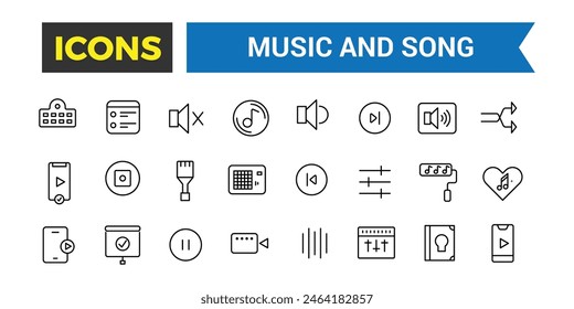 Music and song icon set, vector, thin line icons collection. Editable vector icon and illustration.