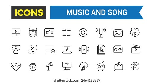 Music and song icon set, vector, thin line icons collection. Editable vector icon and illustration.