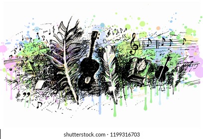 Music, Song, Poetry. Guitar, Writing Feather, Books, Music Notes, Calligraphical Elements. Background From Bright Watercolor Splashes. Hand Drawn Engraving Vintage Vector Illustration