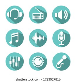 Music and sound button icons. Blue icons with shadow.