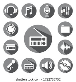 Music and sound button icons. Gray color icons with shadow.