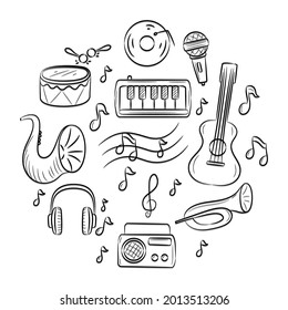 Music and sound doodle icon set vector illustration, with hand drawn sketching style