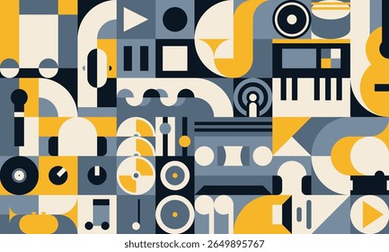 Music and sound geometric pattern background with musical elements. Abstract vector retro modular tile with retro shapes of microphone, headphones, vinyl, notes, cd, speaker, piano and podcast icons