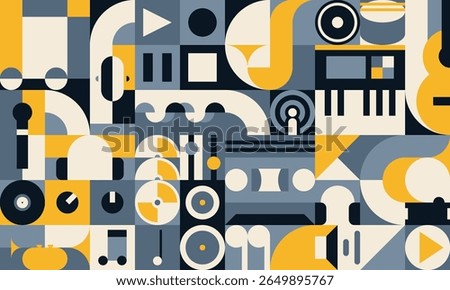 Music and sound geometric pattern background with musical elements. Abstract vector retro modular tile with retro shapes of microphone, headphones, vinyl, notes, cd, speaker, piano and podcast icons