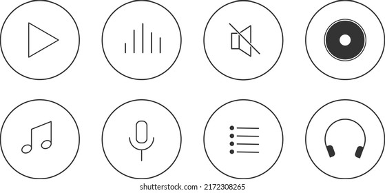 Music and sound icon collection. Play, pause and Volume control, playlist and headphone. User interface icons for smartphones, computers and mp3 players. Line art modern flat vector illustration style