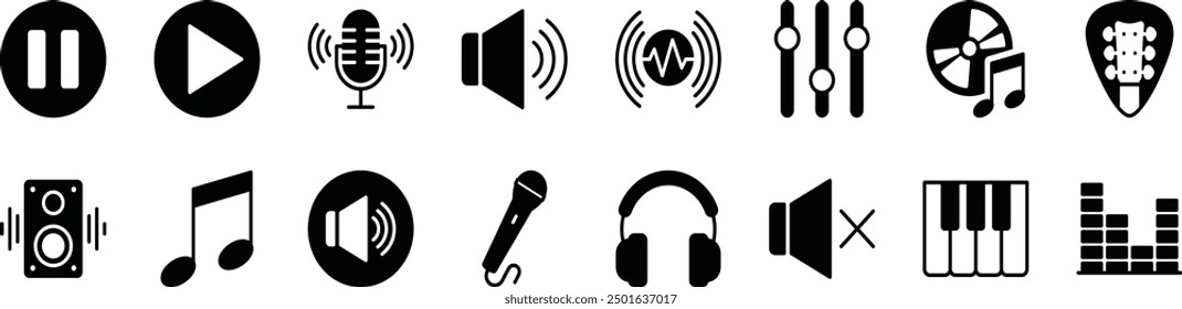 Music and sound icon set. Containing play and pause button, microphone, speaker, equalizer, recording disc, guitar chord, loudspeaker, notes, headphone, mute, piano. Vector illustration