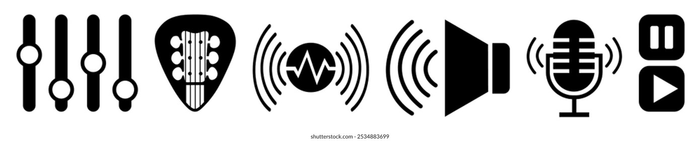 Music and sound icon set. Containing play and pause button, microphone, speaker, equalizer, recording disc, guitar chord, loudspeaker, notes, headphone, mute, piano. Vector illustration.