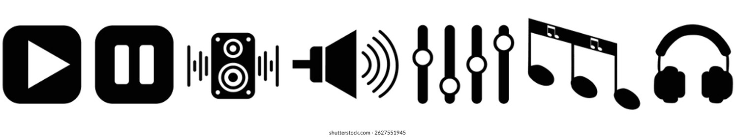 Music and sound icon set. Containing play and pause button, microphone, speaker, equalizer, recording disc, guitar chord, loudspeaker, notes, headphone, mute, piano. Vector illustration