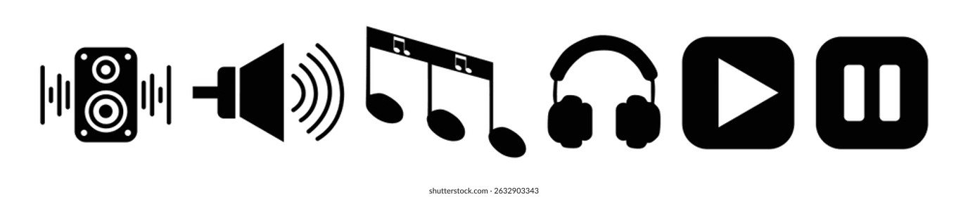 Music and sound icon set. Containing play and pause button, speaker, equalizer, loudspeaker, headphone, Vector illustration.