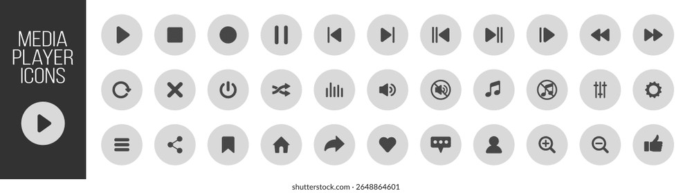 Music and sound icon set, media player icons collection, video player and cinema icons, multimedia interface template, online broadcasting and live stream mockup on transparent background