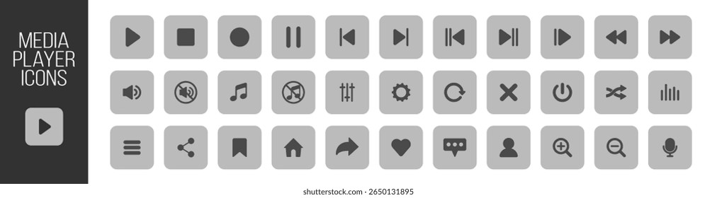 Music and sound icon set, media player icons collection, video player and cinema icons, multimedia interface template, online broadcasting and live stream mockup on transparent background