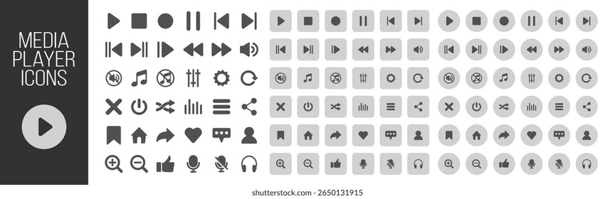 Music and sound icon set, media player icons collection, video player and cinema icons, multimedia interface template, online broadcasting and live stream mockup on transparent background