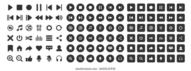 Music and sound icon set, media player icons collection, video player and cinema icons, multimedia interface template, online broadcasting and live stream mockup on transparent background