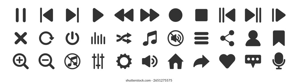 Music and sound icon set, media player icons collection, video player and cinema icons, multimedia interface template, online broadcasting and live stream mockup on transparent background