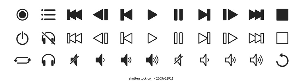 music and sound icon set, music player control icon set, media player buttons, multimedia symbol, audio interface, speaker icon, vector illustration