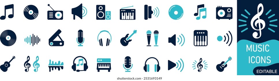 Music and sound icon set Solid icon collection