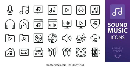 Music and sound isolated icons set. Set of soundtrack, songwriter, music album, listening music, cloud streaming, speech recording mic, tape recorder, audio cassette, earbuds, vinyl record vector icon