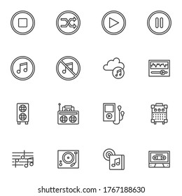 Music, sound line icons set, outline vector symbol collection, linear style pictogram pack. Signs, logo illustration. Set includes icons as shuffle play button, music archive cloud, audio cassette