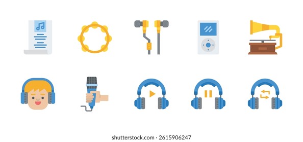music sound musical instruments icons. flat color style icon set
