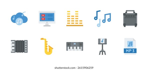 music sound musical instruments icons. flat color style icon set