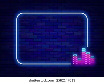 Music sound neon advertising. Nightclub invitation. Empty white frame and equalizer. Vector stock illustration