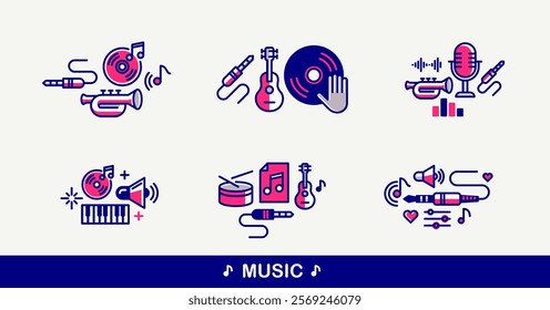 Music and sound producing vector detailed icons set, recording studio mix audio, audio engineering bundle.