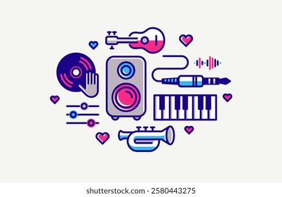 Music and sound producing vector detailed icon, recording studio mix audio, audio engineering bundle.