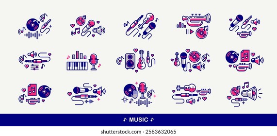 Music and sound producing vector detailed icons set, recording studio mix audio, audio engineering bundle.