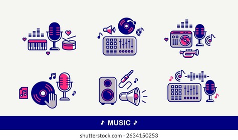 Music and sound producing vector detailed icons set, recording studio mix audio, audio engineering bundle.