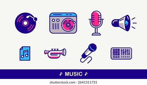 Music and sound producing vector detailed icons set, recording studio mix audio, audio engineering bundle.