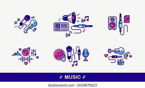 Música e som produzindo vetor conjunto de ícones detalhados, gravação estúdio mix áudio, pacote de engenharia de áudio.