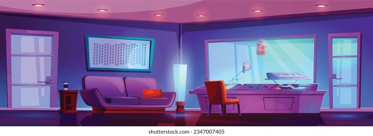 Music and sound record studio booth vector cartoon interior illustration. Microphone and synthesizer professional equipment in room with door and glass window near workstation. Radio mixing computer