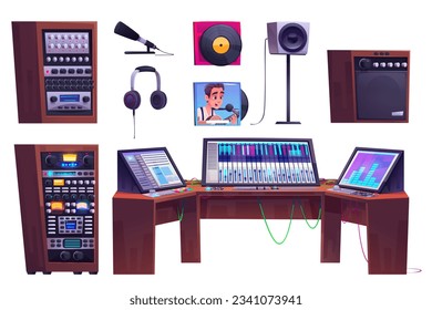 Musik Schallplattenstudio-Cartoon Vektorgrafik. Singer Mikrofon und Mixer für Pro-Broadcast-Aufnahmen. Professionelle Mischrechner- und Innenausstattungswerkzeuge für Produktionsanlagen