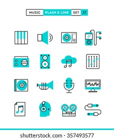 Music, sound, recording, editing and more. Plain and line icons set, flat design, vector illustration