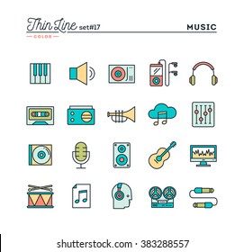 Music, sound, recording, editing and more, thin line color icons set, vector illustration