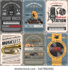 Music and sound recording retro posters. Vector vintage cards with audio gramophone, podcast station and microphone, headphones and vinyl records, trumpet, cornet and clarinet instruments, guitar