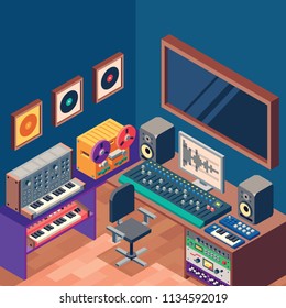 Music Sound Recording Studio Control Room With Professional Equipment. Isometric Vector Color Illustration.