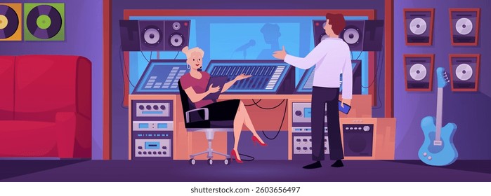 Music sound recording studio control room with professional equipment vector illustration. Cartoon production room with sound engineer and record producer. Live room with microphone behind the glass