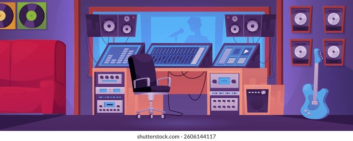 Music sound recording studio control room with professional equipment. Vector flat illustration. Cartoon workplace of sound engineer or record producer. Live room with microphone behind the glass