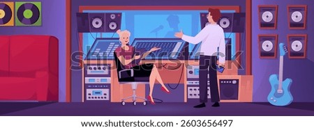 Music sound recording studio control room with professional equipment vector illustration. Cartoon production room with sound engineer and record producer. Live room with microphone behind the glass