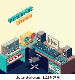 Music Sound Recording Studio Room With Professional Tools. Isometric Vector Color Illustration.