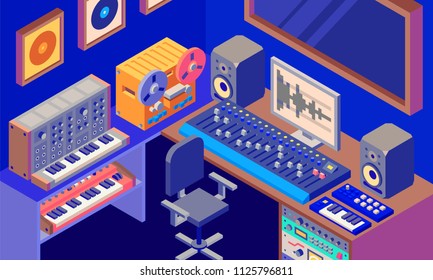 Music Sound Recording Studio Room With Professional Equipment. Isometric Vector Color Illustration.