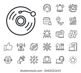 Music sound sign. Place location, technology and smart speaker outline icons. Vinyl record line icon. Musical device symbol. Vinyl record line sign. Influencer, brand ambassador icon. Vector